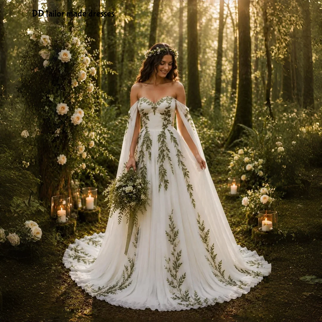 Off Shoulder Forest Wedding Dress Green Leaf Lace Appliques Cape Chiffon A‑Line Long Train Woodland Boho Bridal Gown Customized