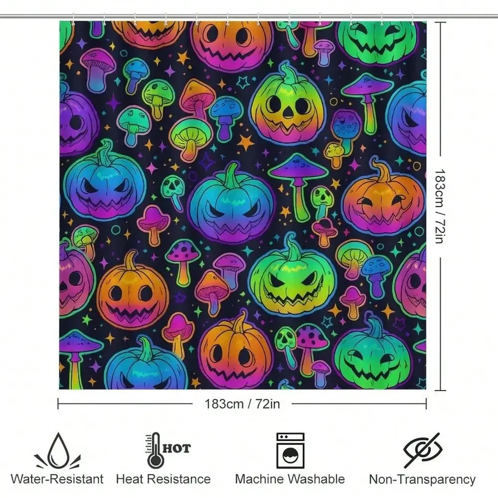 Halloween Neon Pumpkin Mushroom 4 Pcs Durable Shower Curtain Sets | for Bathroom with 12 Hooks, Anti-Slip Rugs, Super Absorbent Mat, Skin-friendly, Waterproof Fabric, Washable, Long Lasting