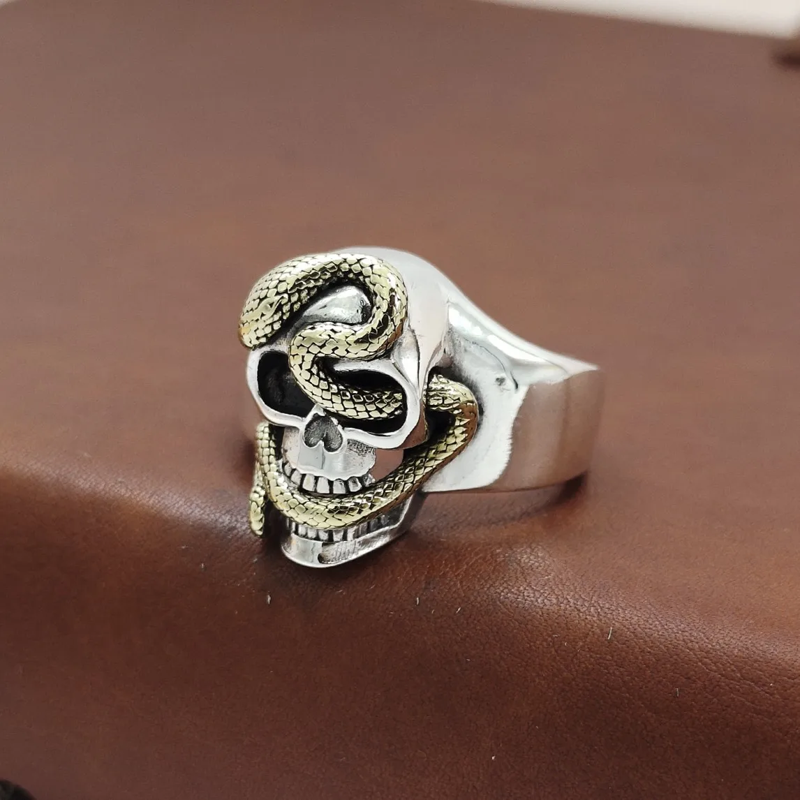 

Gothic ornament silver S925 snake and skull trendy men's ring Rock hip hop trend ins style retro