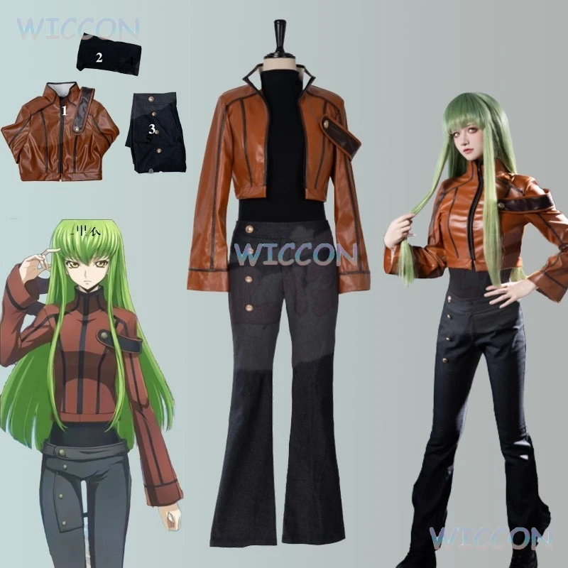 

Anime Cosplay Lelouchh C.C Cosplay Costume Brown Jacket Pants C.C Daily Suit Wig Women Costume Halloween Party Roleplay Suit