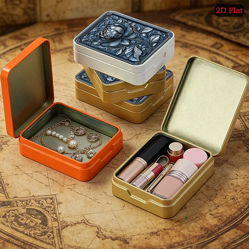 Silver Peony Relief Theme UV Printed Metal Flip Top Tin Box, Custom Square Tinplate Box, Portable Anti-rust Mini Tin Box