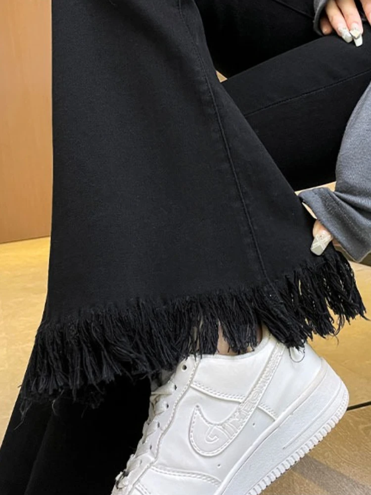 Women's autumn and winter high waist slimming denim jeans plush and thickened design tassel design versatile jeans