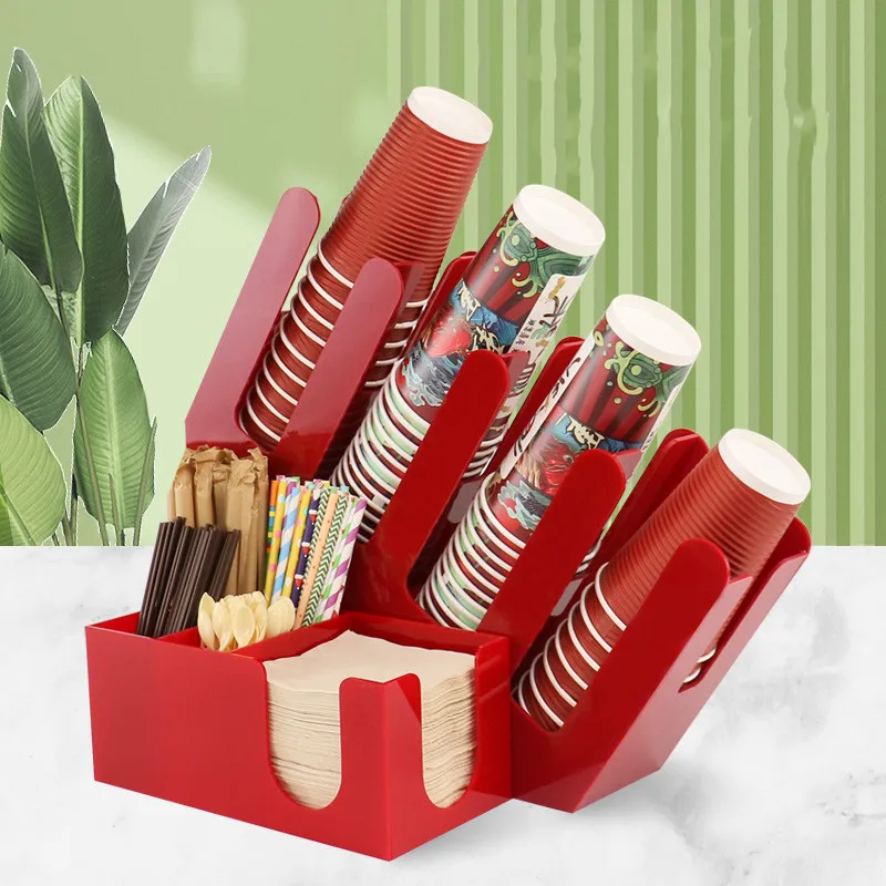 Red Acrylic Milk Tea Cup Holder Tissue Box Shop Storage Rack Organizer Display Stand Napkin Shelf