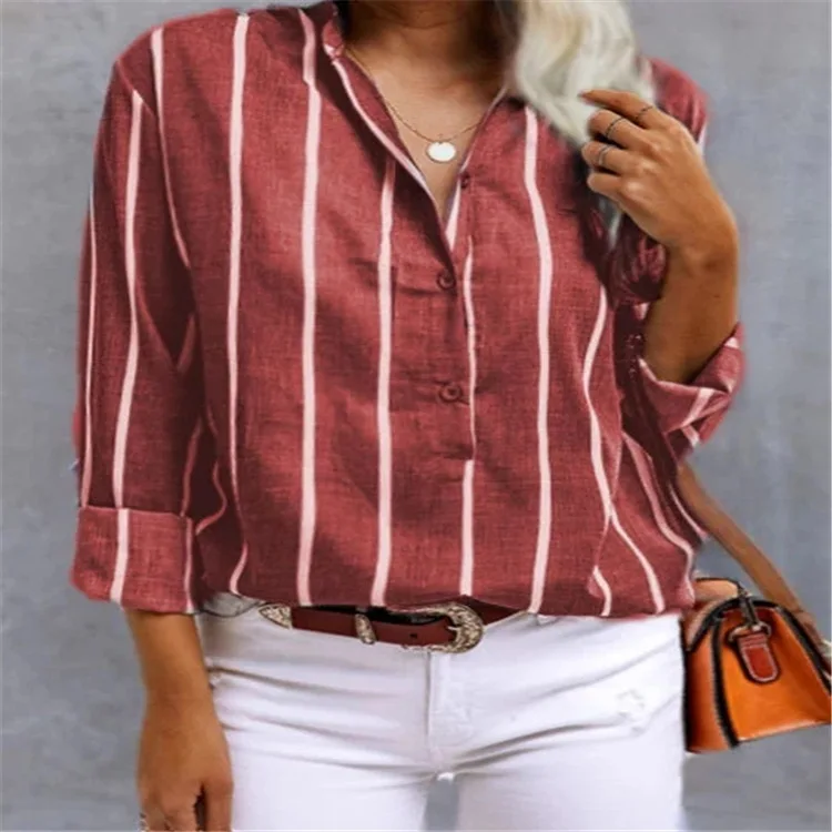 Women's New Striped Half Open V-neck Long Sleeved Casual Loose Top for Women