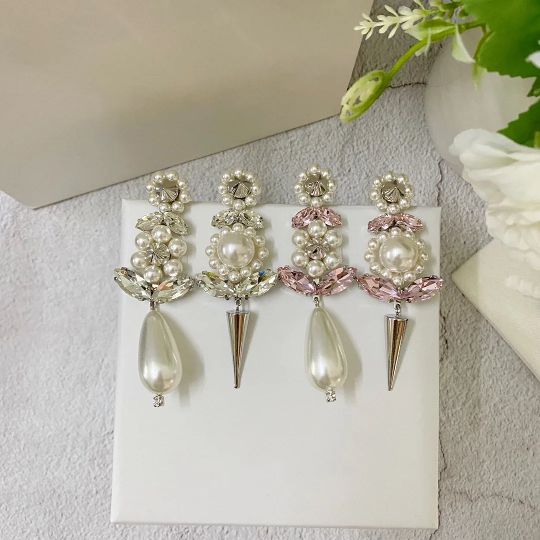 Europe America Crystal Pearl Flower Rivet Asymmetry 925 Silver Needle Earrings Women Luxury Jewelry Top Quality Designer 2023