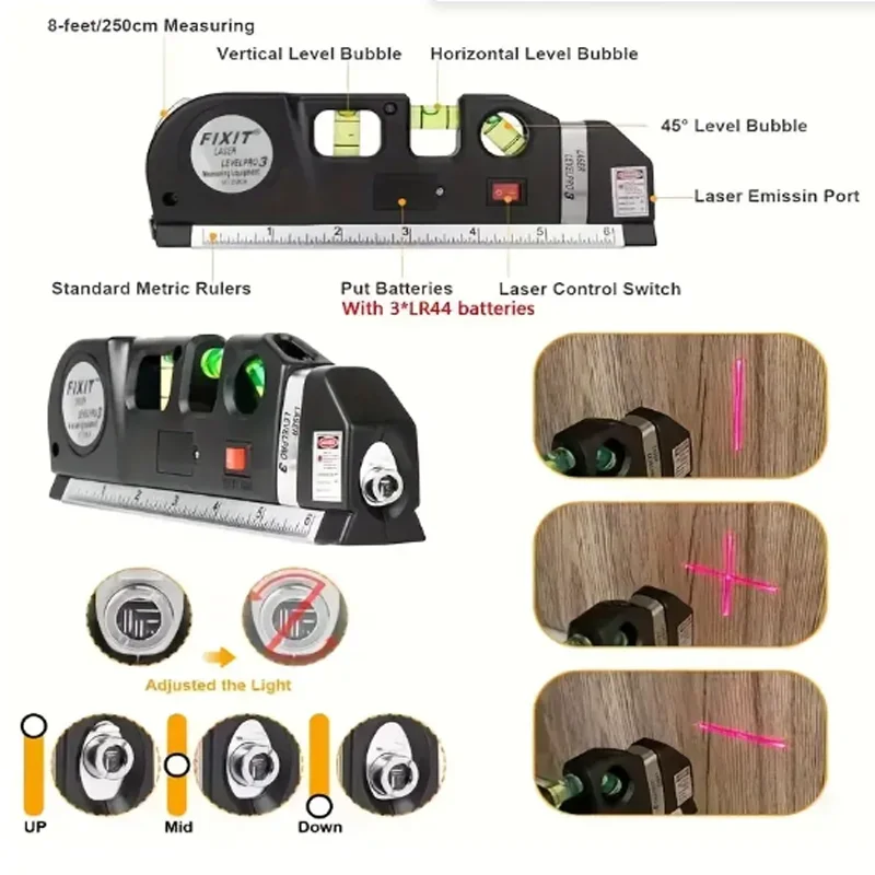 Laser Level Multipurpose Line Laser Leveler Tool, Cross Line Lasers With 8FT 2.5M Standard Measure Tape And Metric Rulers