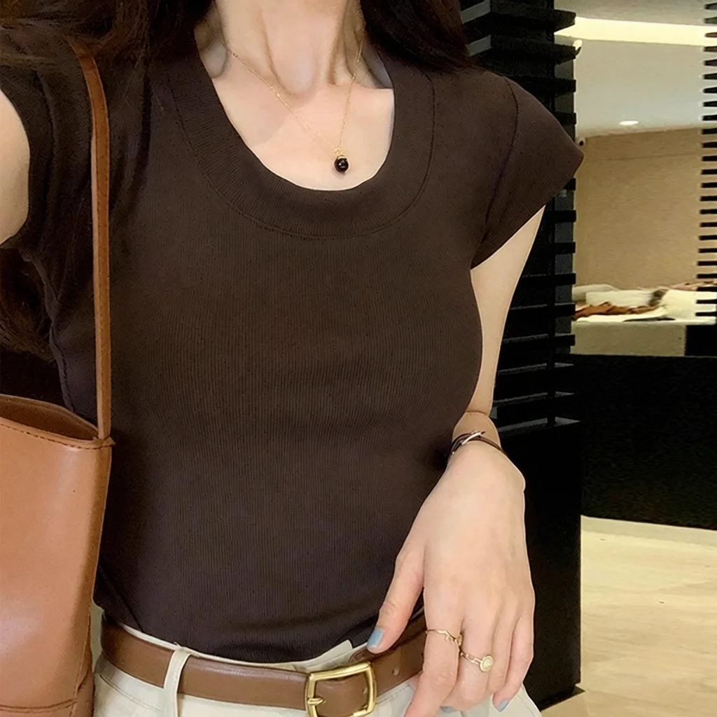 

Women's Slim Fit Short Sleeve U-Neck T-Shirt Pink Shoulder High Elasticity Summer Top Base Layer Shirt Versatile High Quality...
