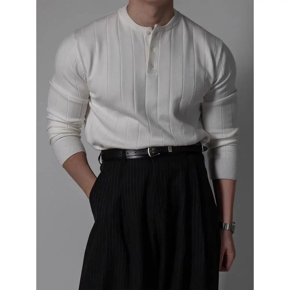 

American Retro Henry Collar Knitwear Loose Long Sve Overhead Men's White Base irt Top for Autumn Winter Regular Fit