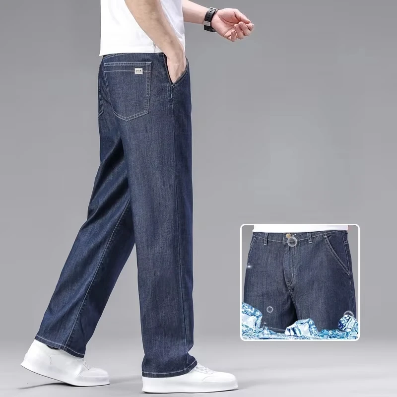 High Quality Summer Lyocell Cotton Blended Fabric Men's Jeans High Waist Loose Straight Pants Casual Trousers Plus Size 35 40