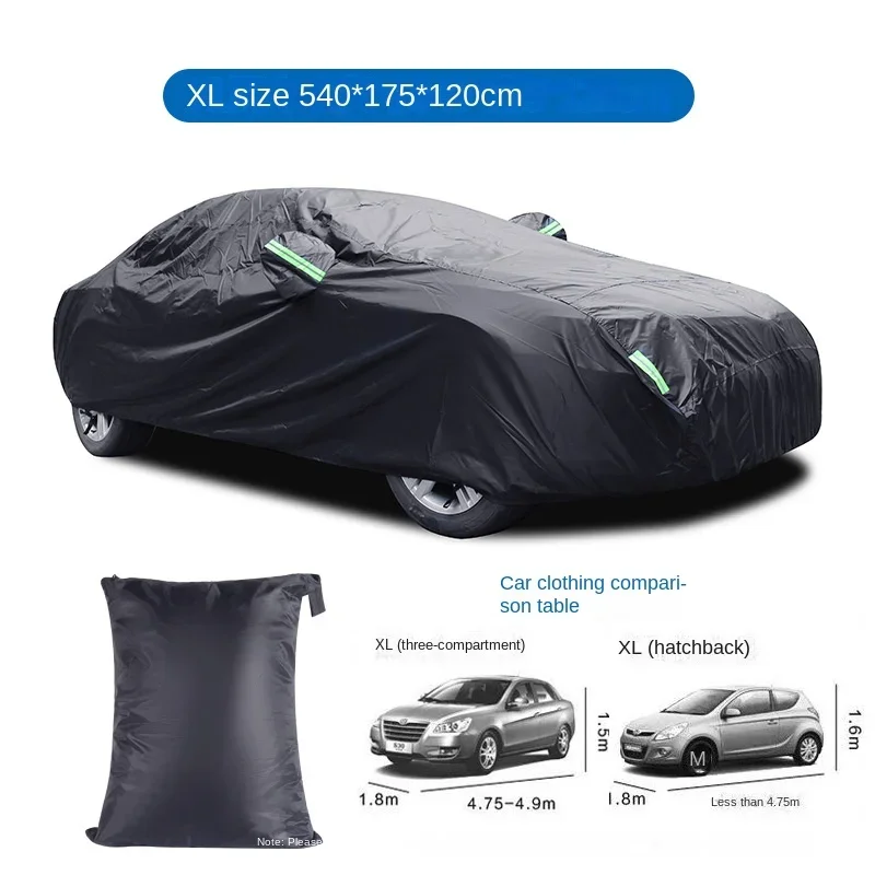 Nova capa de carro, tecido revestido de prata 190t preto completo, capa de carro para proteção solar contra chuva com faixa reflexiva capa de carro de poliéster