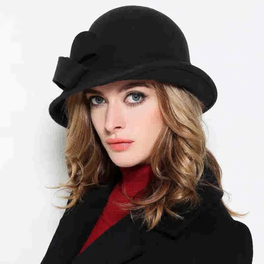 

Exquisite Felt Wool Bucket Hat Bow Flat-top Panama Hat Cloche Fedora Cap Hepburn Style Black Topper Hat Church