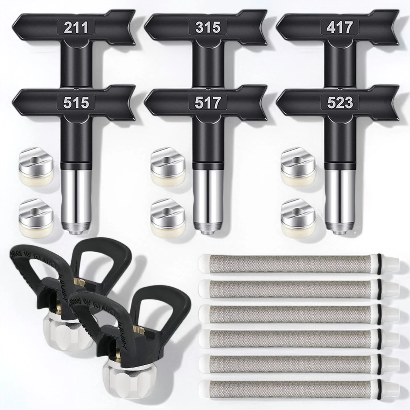 14-teiliges Airless-Farbspritzdüsen-Set mit 6 Filtern, 6 Spritzdüsen (211/315/417/515/517/523) und Basen