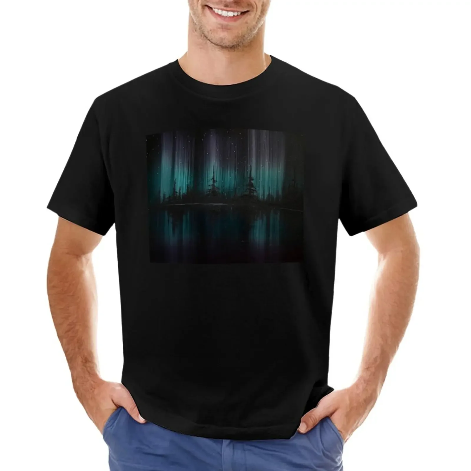 

Purple and Teal Northern Lights Silhouette T-Shirt cute clothes summer top Men's clothing