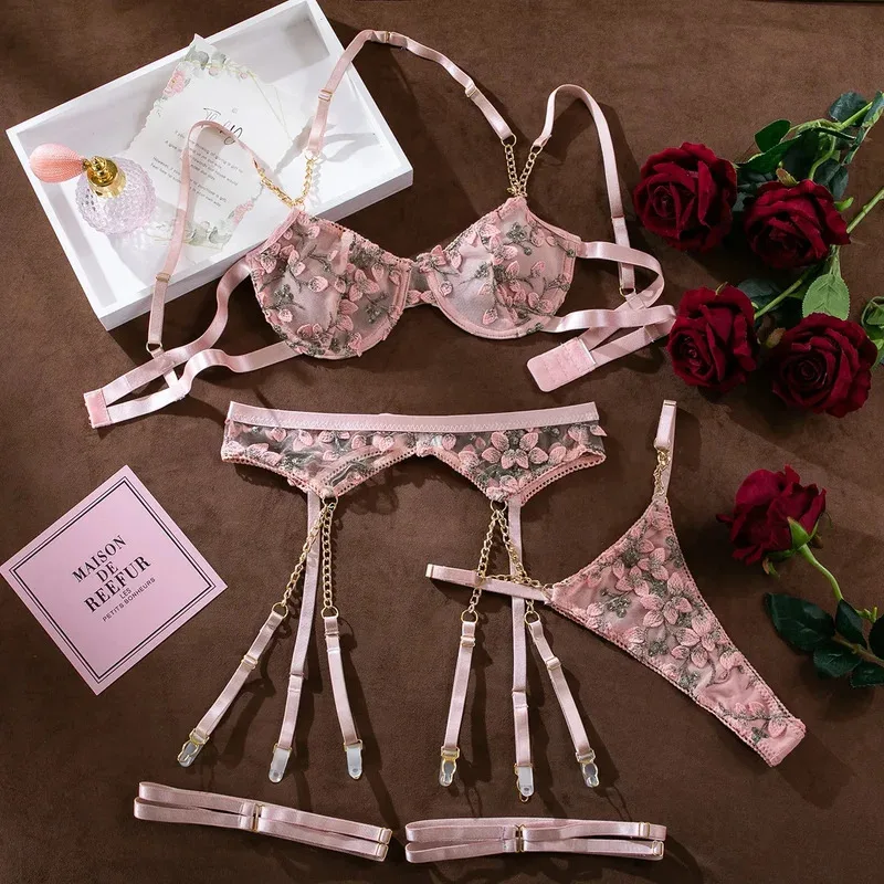 

Girl Embroidered Flower Perspective Lingerie Set Women's Sweet Sexy Chain Underwear Female Solid See Though Bra Three Piece Set