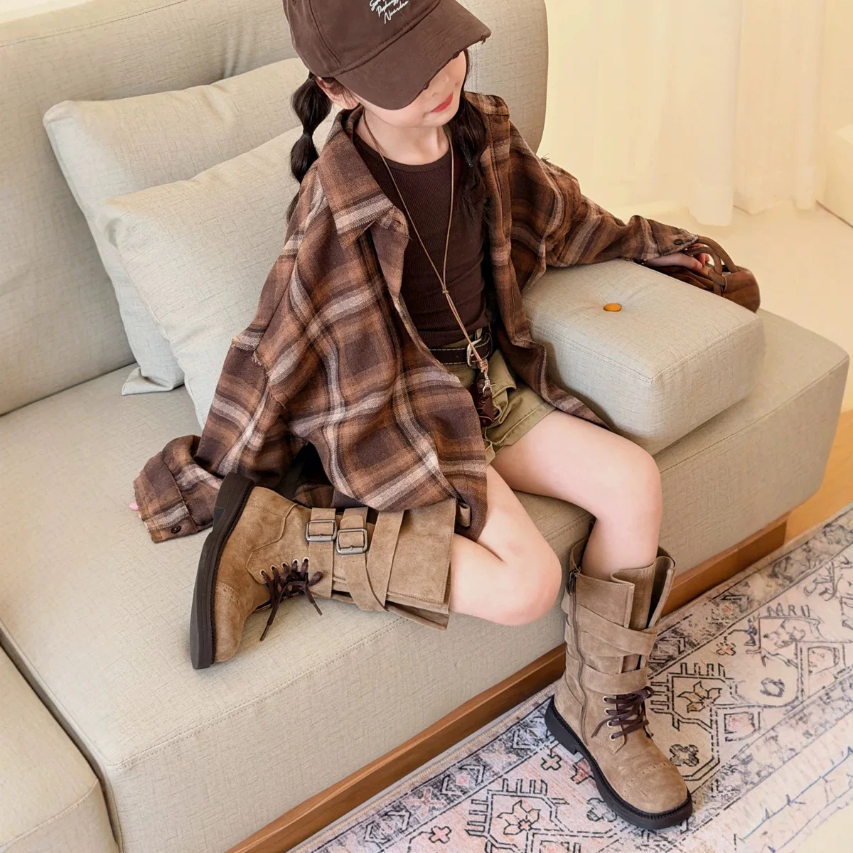 Princess 2026  Girls' Autumn  Plaid Distressed Frayed Long-Sleeve Shirt Lazy Style Jacket  shirt