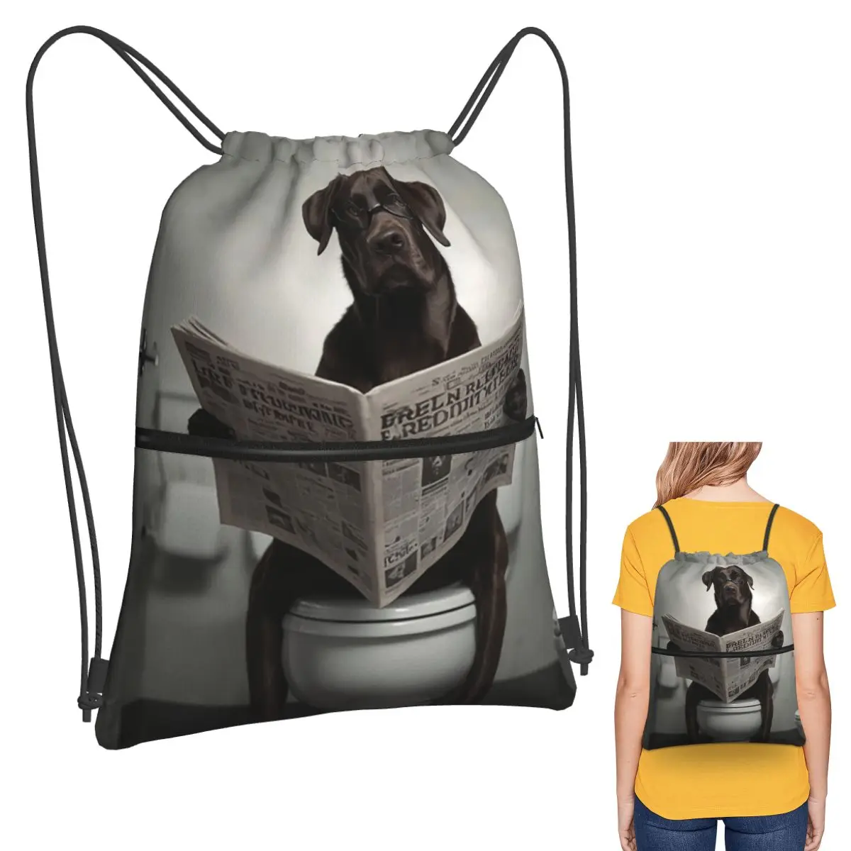 

Chocolate Labrador Reading A Newspaper Backpacks Casual Drawstring Bags Sports Bag Book Bags for Travel Students