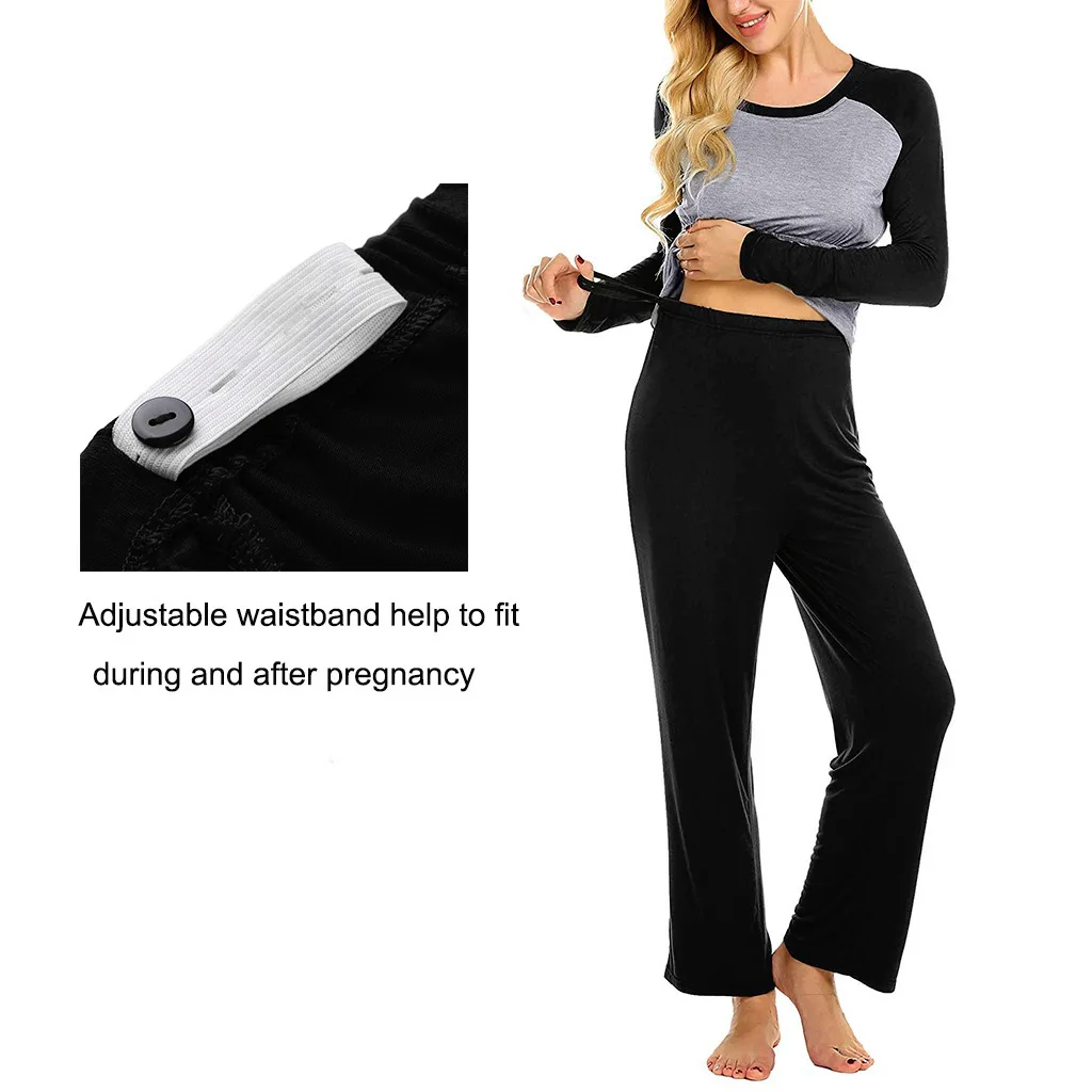 Simple Maternity Clothing Nursing Soft Stretchy Color Block Mother Long Sleeve Top & Pants Sets for Spring Autumn
