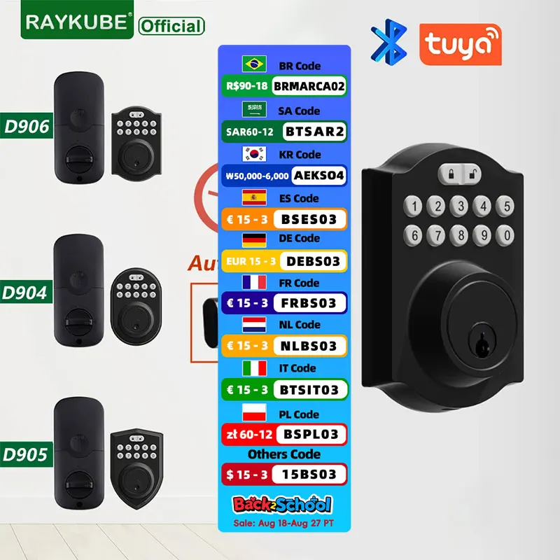 

RAYKUBE Tuya BLE автоматический замок с таймером, умный дверной замок, цифровой замок с паролем/ключом/приложением, удаленная разблокировка D904/D905/D906
