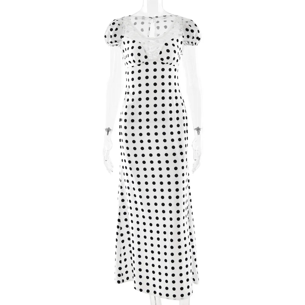 Apprabant French Lace Patchwork Satin Polka Dot A-Line Maxi Dress Women Elegant Backless Cut Out Long Gown Birthday Partywear