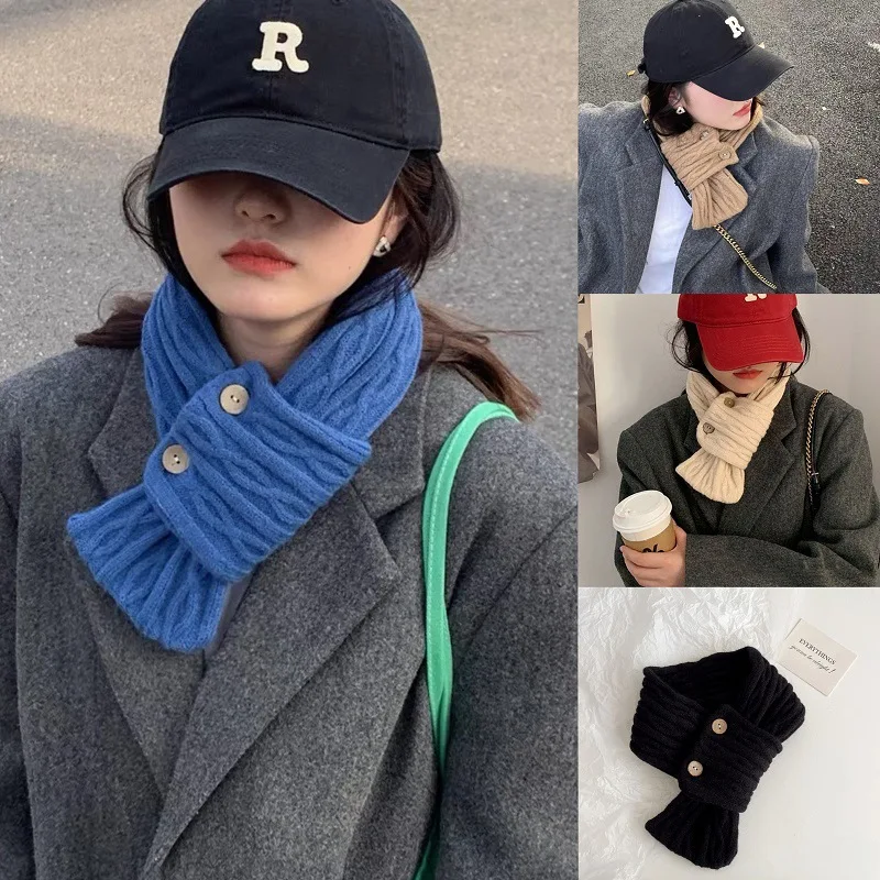 Winter Knitted Scarf Button Fashion Solid Color Muffler Fashion Girl Lady Outdoor Windproof Cold-proof Neck Neckerchief Bandelet