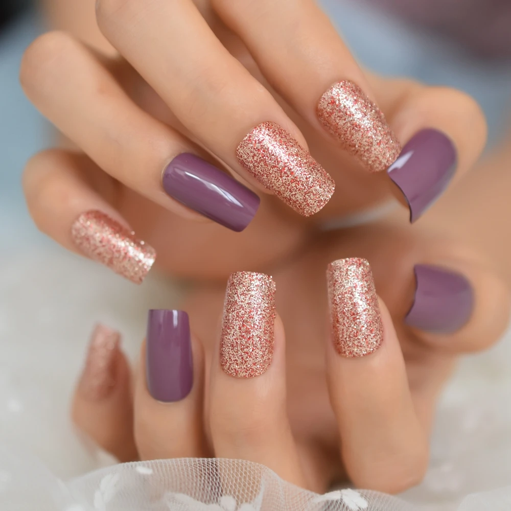 Taro Purple Square Fake Nails Mix Red Champagne Glitter Medium Press On Nails UV Shiny Nail Art Tips Including Glue Tabs