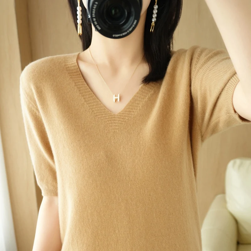 Spring Autumn New Fashion Cashmere Sweater Women Knitted Short Sleeve Pullover Solid Color  Loose V-Neck Korean Version Tops