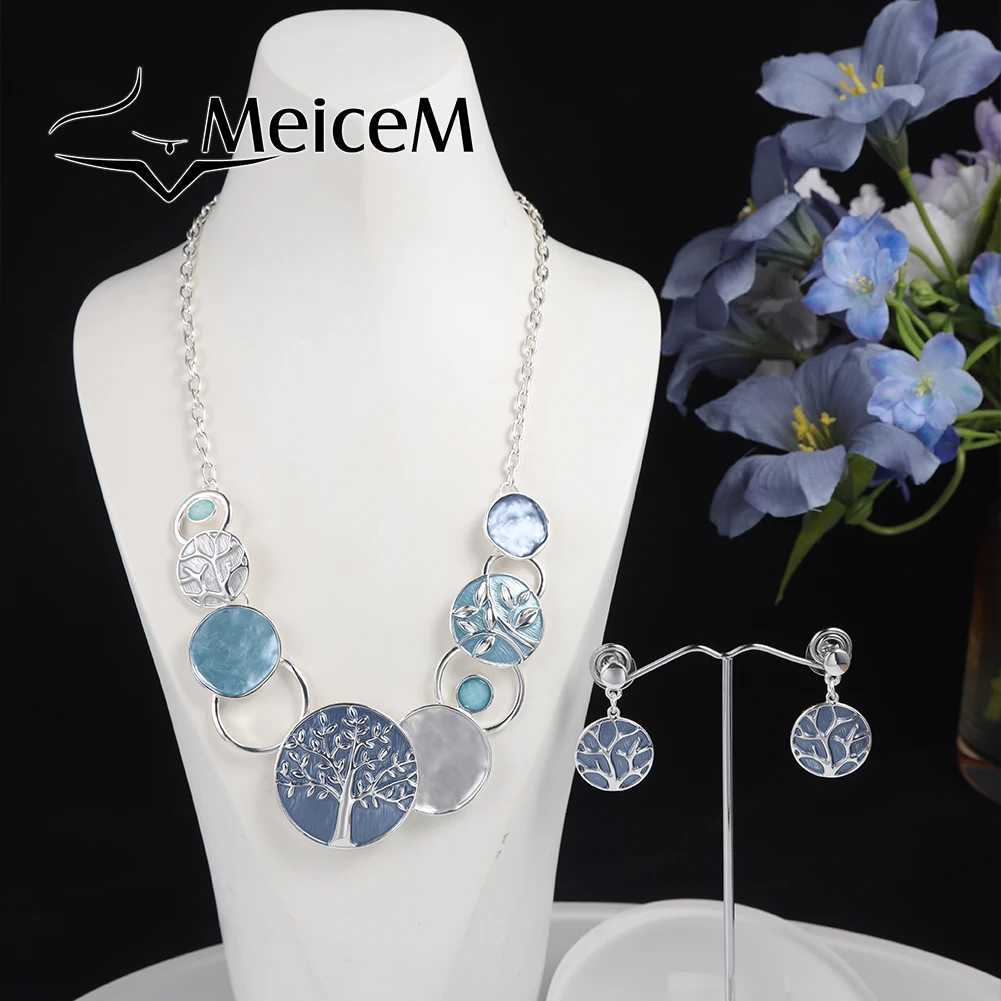 MeiceM Tree of Life Necklaces Ornaments Jewelry Fashion New Designer Blue Enamel Chain Choker Necklace for Women Girlfriend 2022