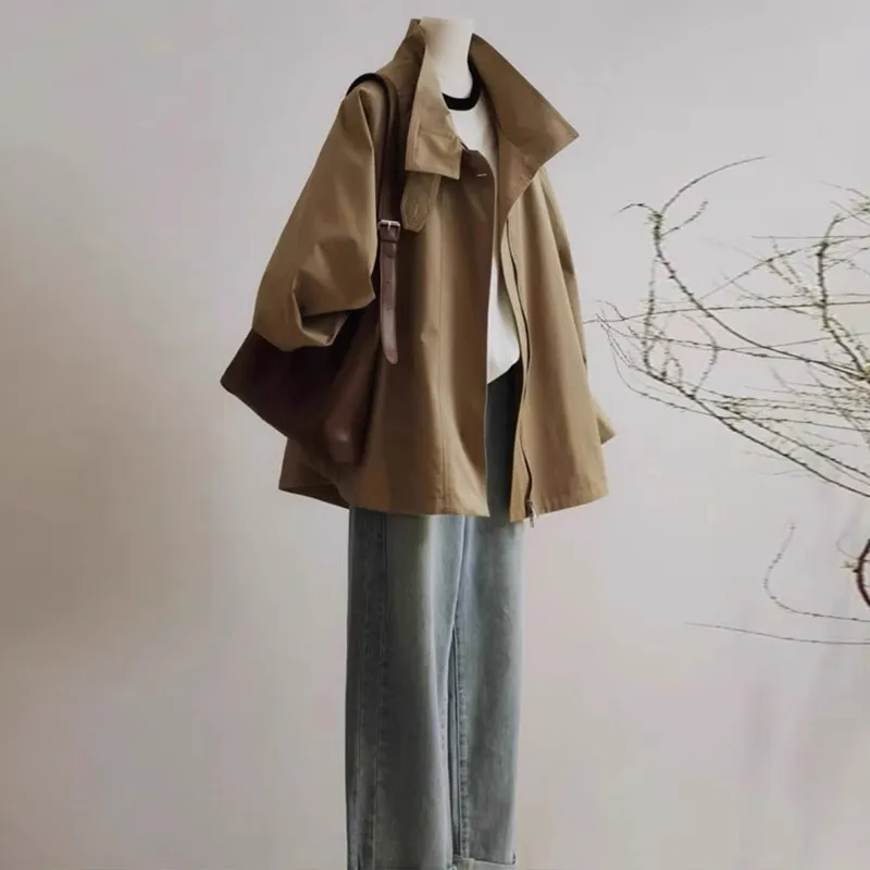 Khaki Short Trench Coat for Women, 2025 Autumn New Style, Petite High-end Top