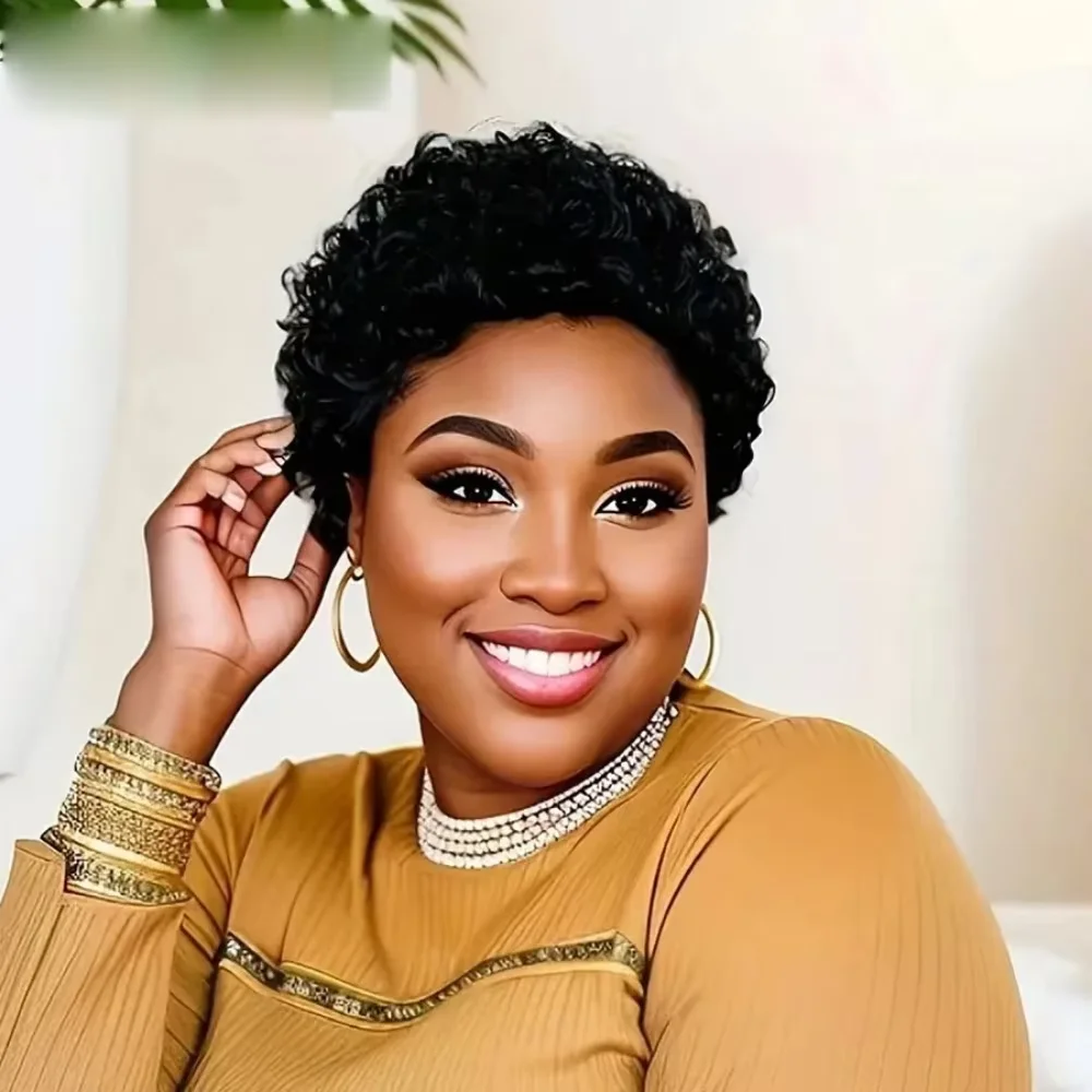 วิกผมทรงพิกซี่คัตสีดำธรรมชาติสำหรับผู้หญิงผิวดำ วิกผมสั้นแบบเลเยอร์ทำจากผมแท้ ผลิตด้วยเครื่องจักร สำหรับใช้ในชีวิตประจำวัน