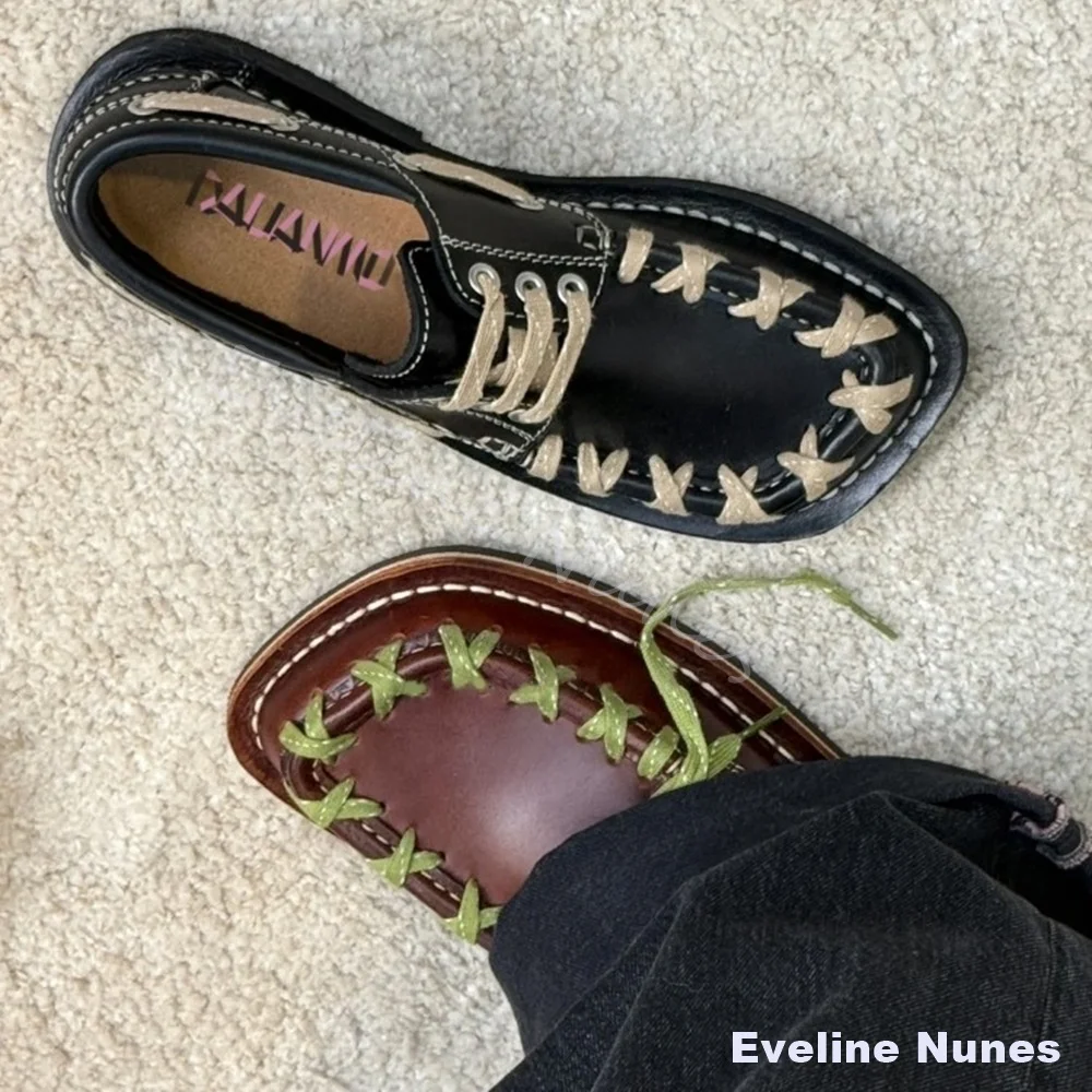 

Ugly-cute Square-toe Loafers Retro British Style Leather Shoes Unisex Crisscross Lace-up Shoes Casual Flat with Derby Shoes