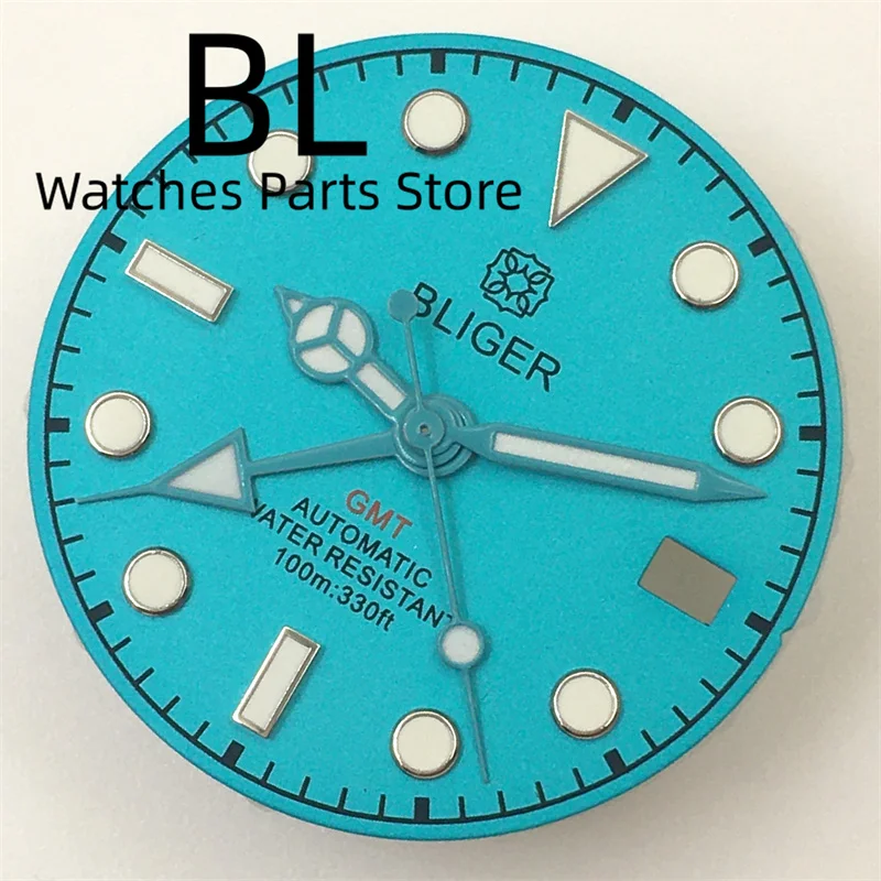 

BLIGER Blue NH34 GMT Watch Dial Hands Set Green Luminous Fit NH34 NH35 Automatic Movement watch accessories For Men Wristwatches