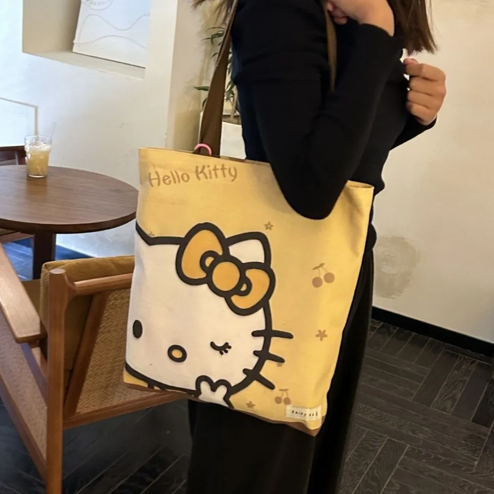 New Kawaii Hello Kitty Handbag Cute Canvas Printed Shopping Bag Portable Large Capacity Storage Bag Student Tutoring Bag