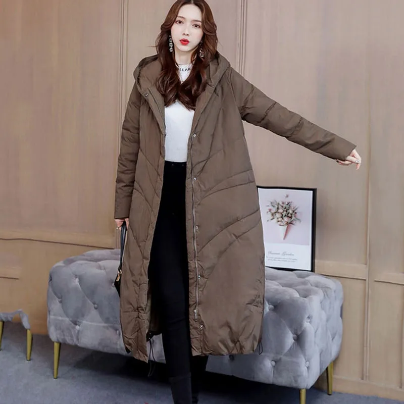 

Long Down Cotton Coat for Women, Warm Jacket, Casual Hooded Parka, Overcoat, Female Winter Clothing, Upscale, New