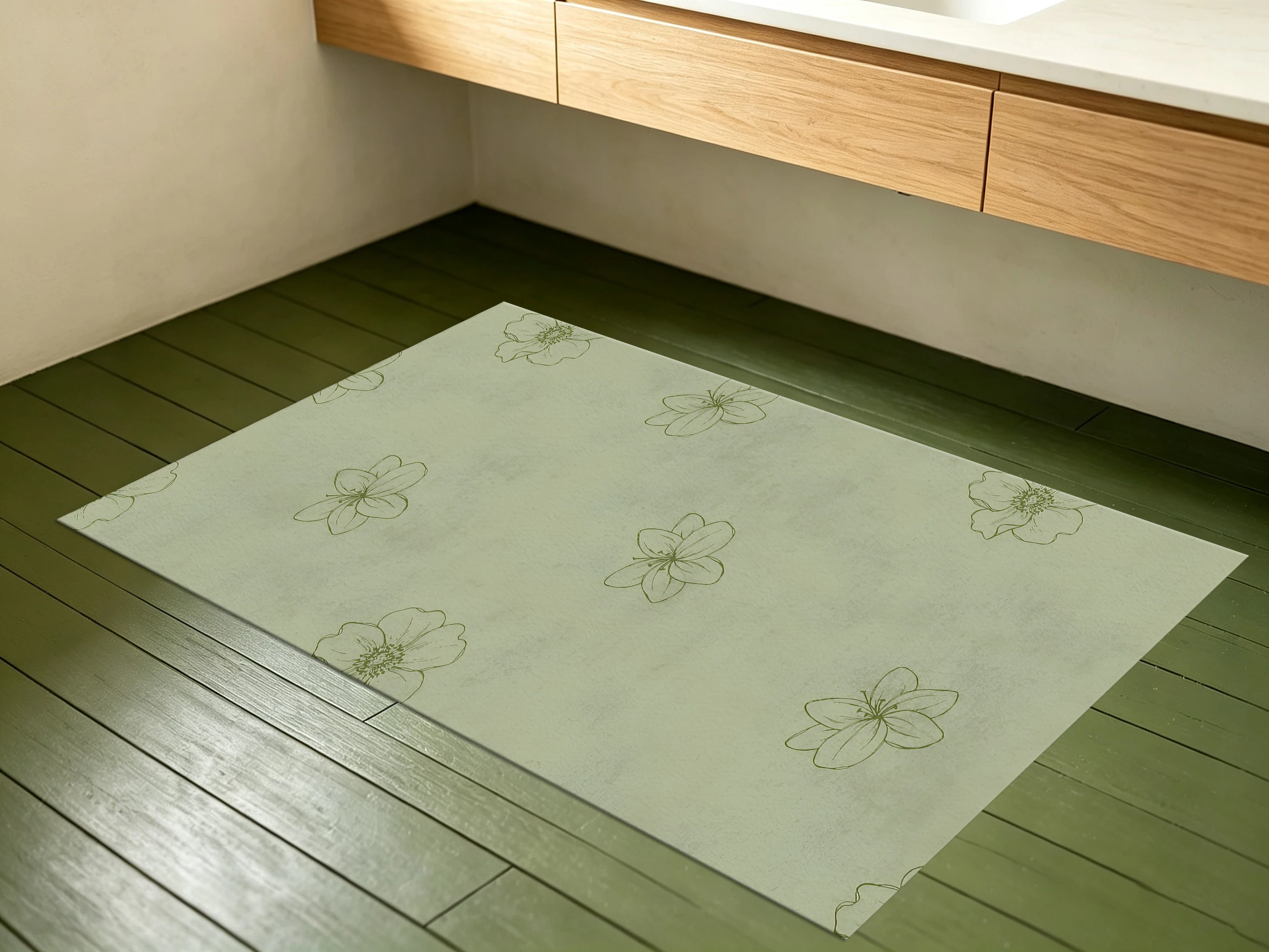 2D Carpet with Light Green Background and Line Drawing Floral Pattern in a Fresh, Soothing Style for Living Room and Bedroom