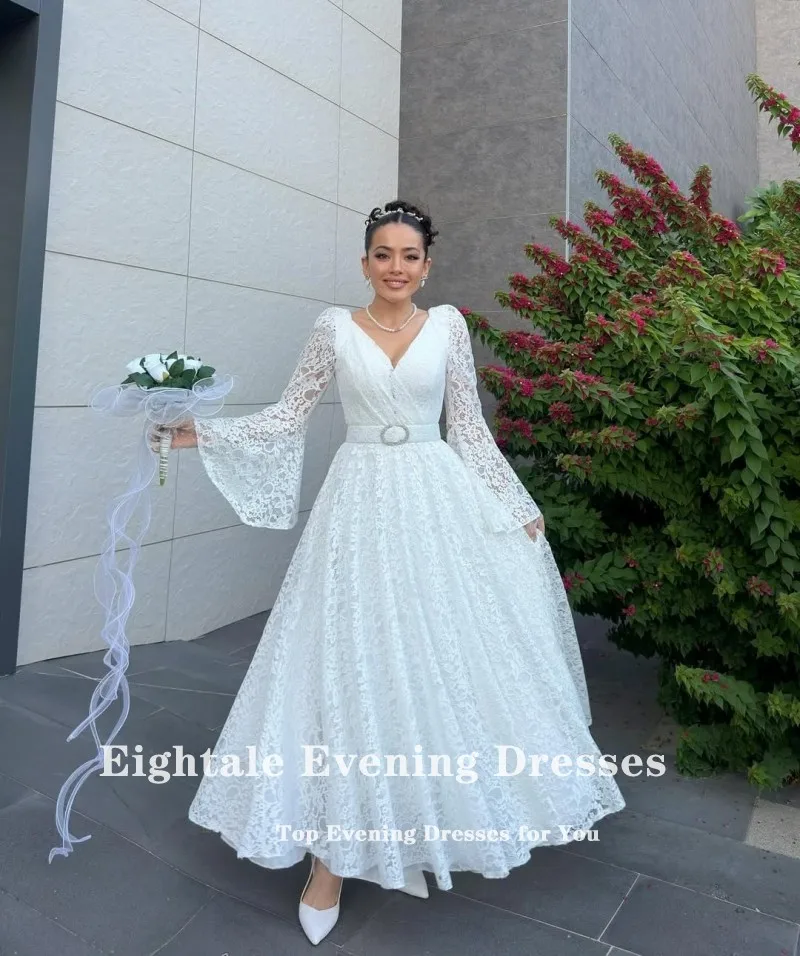 Eightale vestido de casamento árabe personalizado marfim cetim chá comprimento vestido de noiva muçulmano a linha com decote em v renda vestido de festa de noiva
