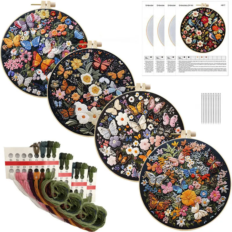 Butterfly Broidery Kit with flower Embroidery Kit for Beginners Needles Enough Embroidery Thread