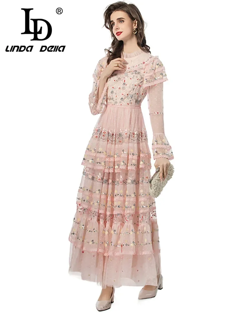 LD LINDA DELLA Summer Runway Vacation Dress Women's Size S-XXXXL Gorgeous Embroidery Sequins Net Yarn Cascading Ruffle Dresses