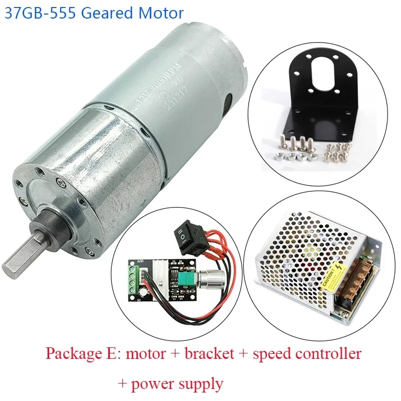 

High Torque Geared Motor 37GB-555 12V24V 555 DC Motor 9RPM~1280RPM Slow Speed Adjustable 37mm Brushed Gear Motor