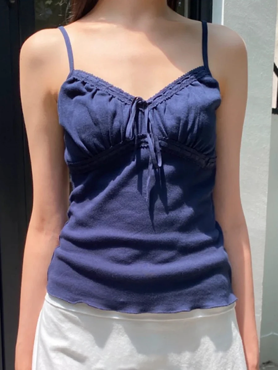 

Navy Lace-up V-neck Slim Tank Top Woman Summer Lace Trim Cotton Sleevless Cropped Camisole Solid Vintage Sweet Crop Tops Y2k New