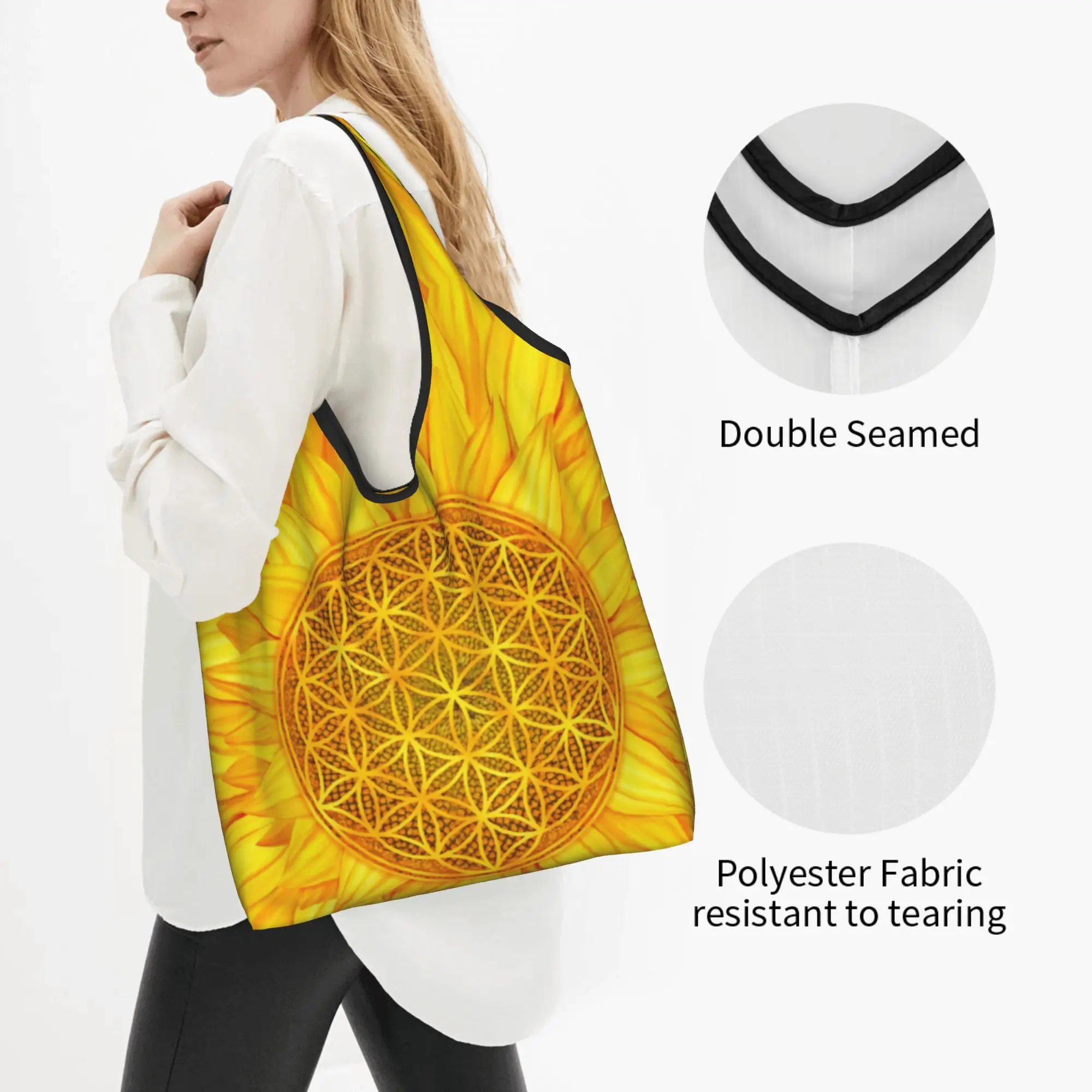 Custom Flower of Life Sunflower Shopping Bag Portable Large Capacity Grocery Mandala Floral Sacred Geometry Shopper Tote Bags