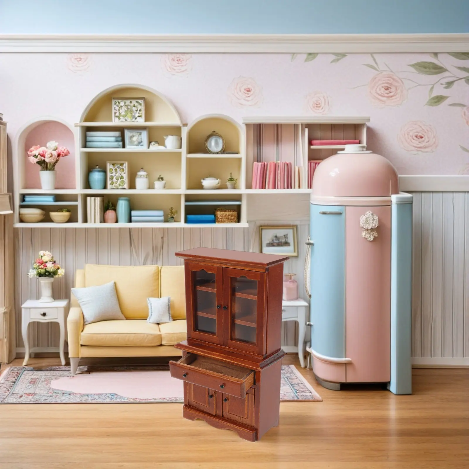 

Деревянный миниатюрный шкаф-витрина в масштабе 1:12, функциональная полка для хранения, для обстановки кукольного домика, для создания сцен в миниатюрной гостиной