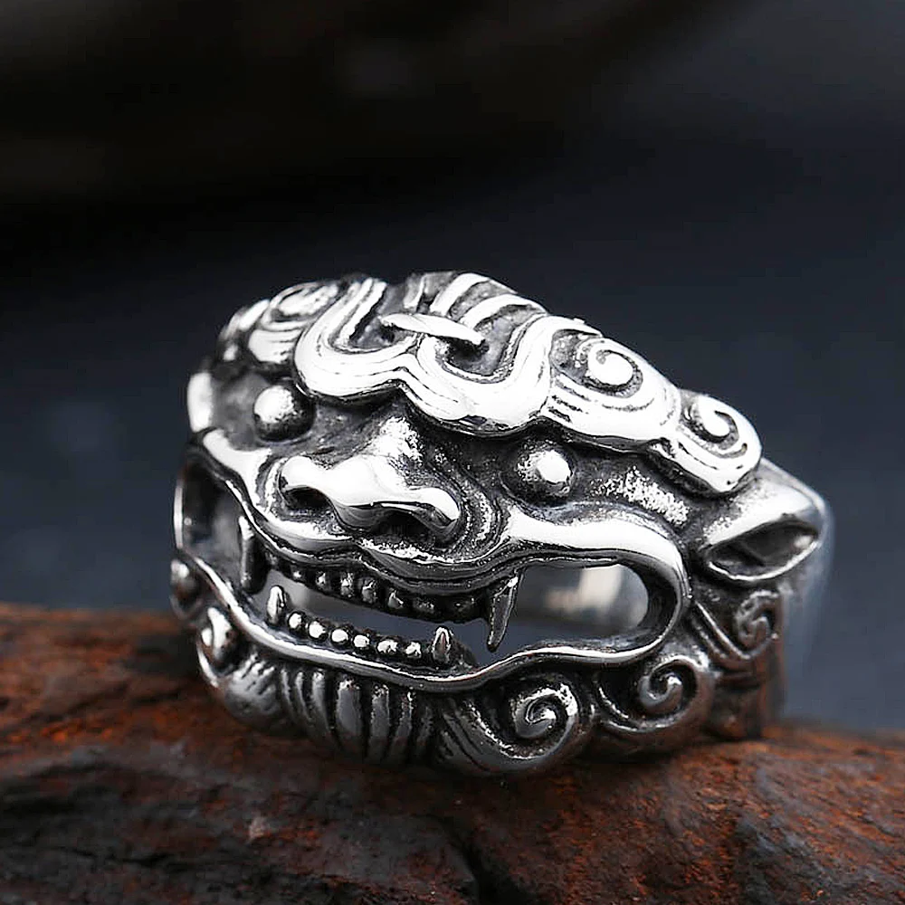 Retro Chinese Style God Beast Kirin Ring for Men Amulet Punk Hip Hop Animal Stainless Steel Biker Ring Jewelry Creative Gift