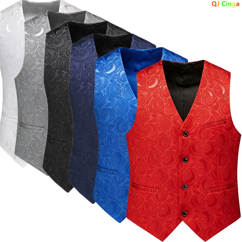 Men's Red Fall Vest with Rose Jacquard Pattern; Wedding and Party Vests; Asian Sizes. Available in Blue, Black, White, and Gray.