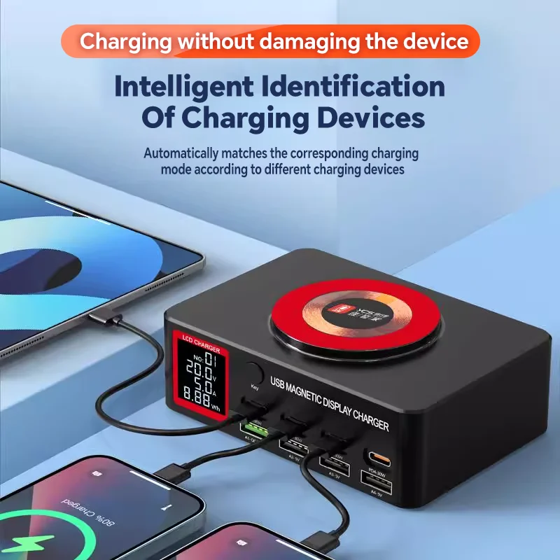 YCS S500/S550/S600 شاحن USB متعدد 8 منافذ مع شحن لاسلكي مغناطيسي 15 وات محطة PD 100WQC للهواتف أدوات شحن سريع