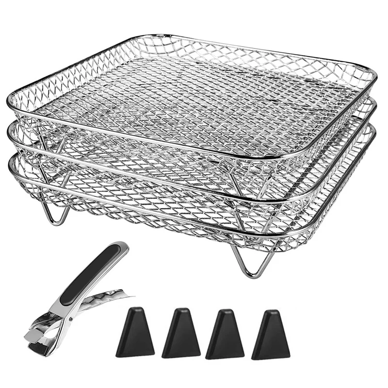 Stainless Steel Air Fryer Rack With Clip, Square Stackable Baking Basket Multi-Layer Dehydrator Rack Air Fryer Accessories