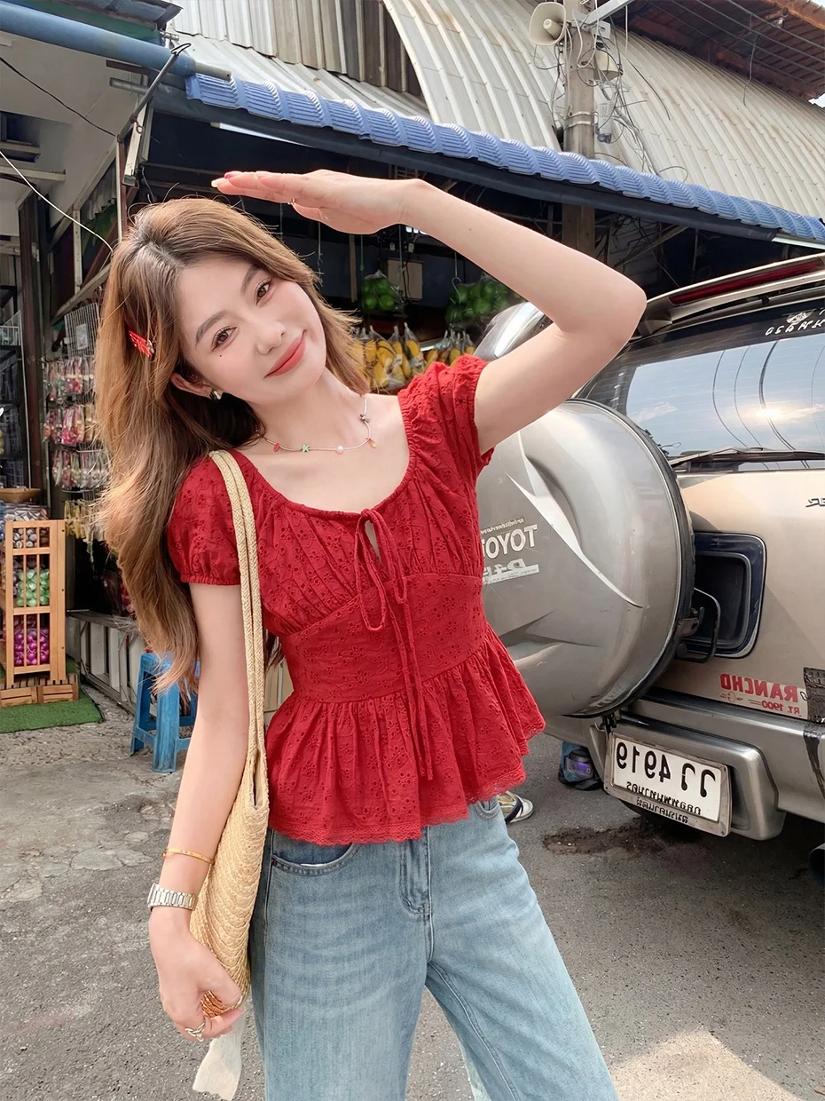 

Sweet Style Red Bubble Sleeve Short Sleeve Shirt Women's Summer Waist-Cinching Design Short Length Top Korean Style Polyester...