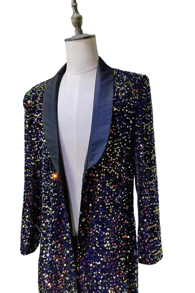 Customized Personality Men's Sequins Long Jacket Costumes Nightclub Male Singer Performance Coat Party Show Host Stage Wear