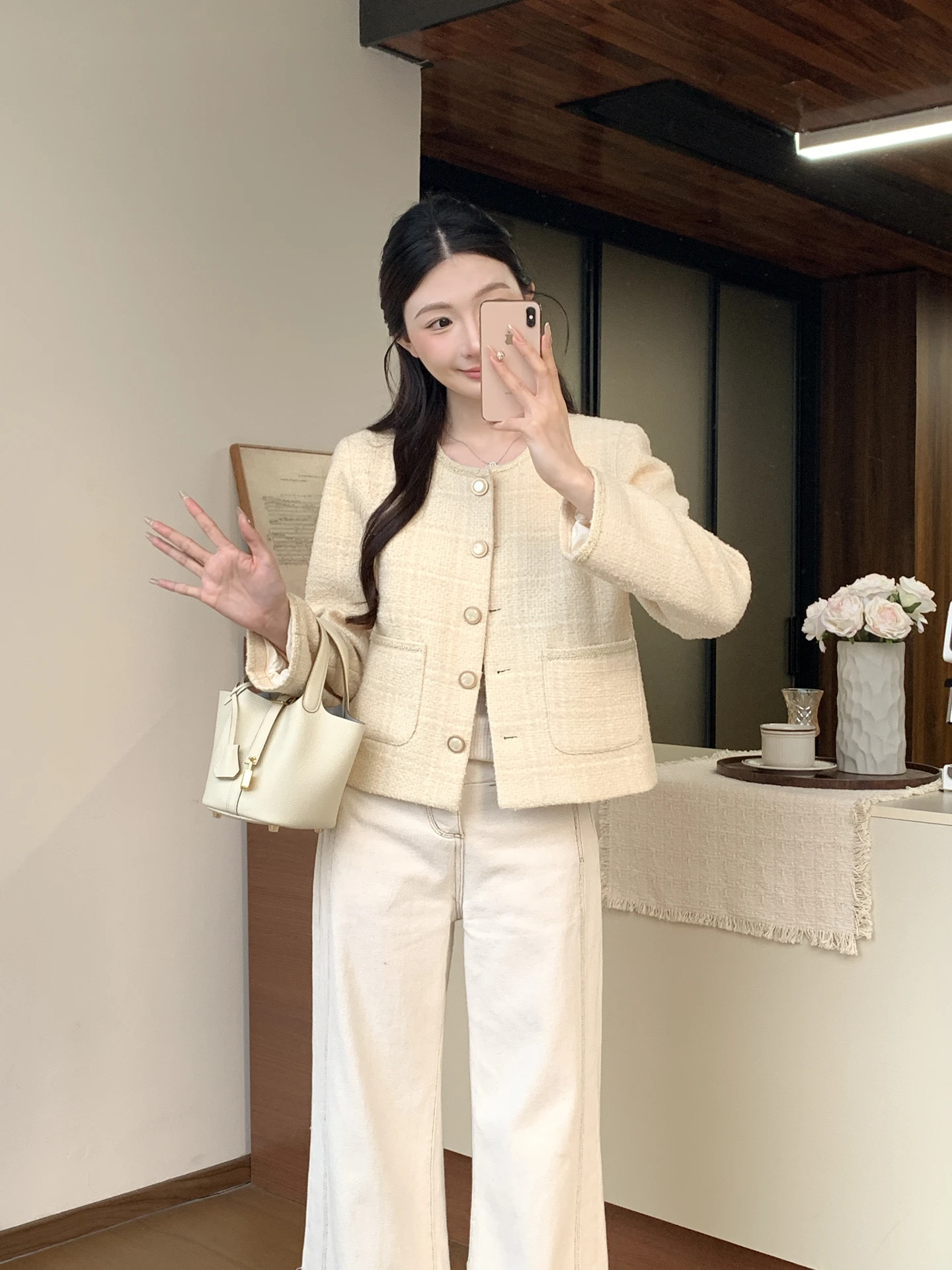 

Ele ort Tweed Jaet Women's round Ne Button up Top Spring 2026 Megua Brand Stand Fit Polyester Fiber Long Sve