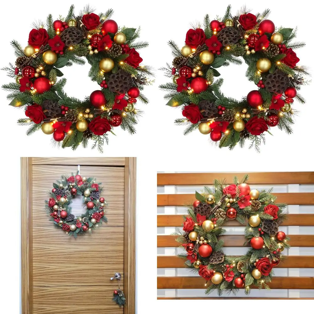 

Искусственный венок из роз и сосны с 25 предустановленными светодиодами, основанием из натуральной лозы и стручками лотоса (35 светодиодов, 8 режимов мигания) для Рождества