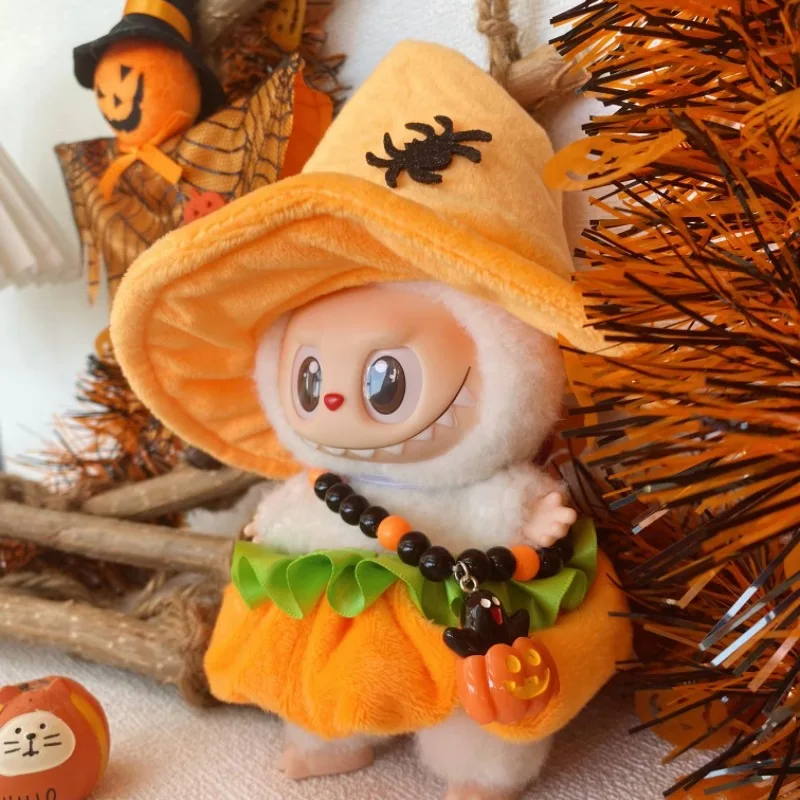

17cm Labubu Halloween Pumpkin Dress Velvet Hat Outfit for 1.0 3.0 Generation Vinyl Figure Clothes Only No Doll Included
